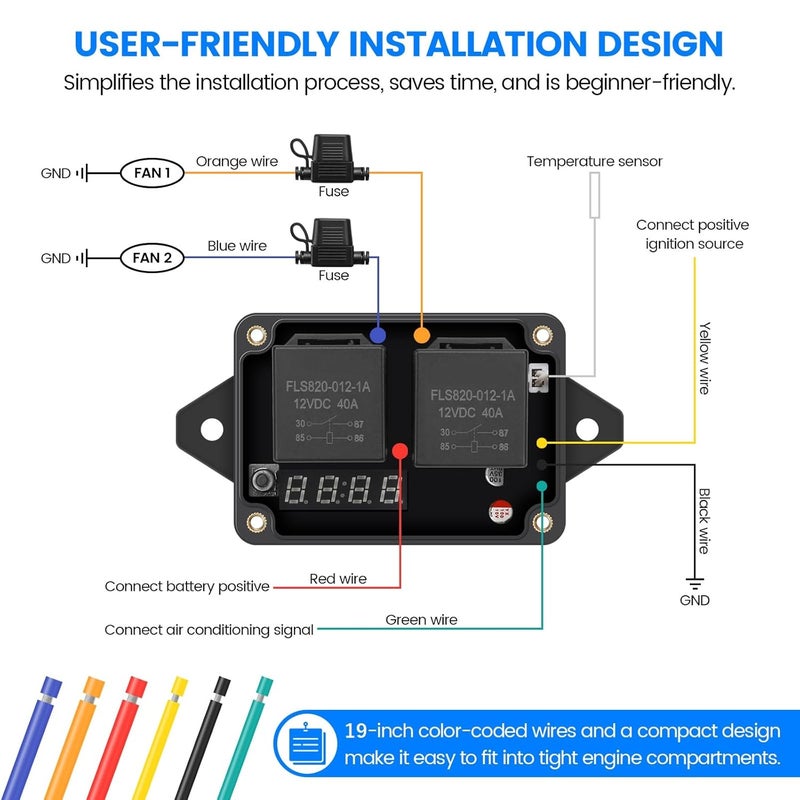 Zuomeng 12V/24V Electric Fan Controller Kit 30A Digital Radiator Fan Switch with Adjustable Temperature Range (104-230°F) & Real-Time Display, for Automotive/Industrial Cooling Systems (Part #0444) - Image 4